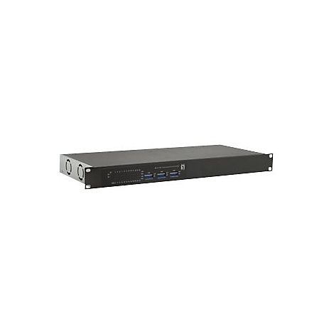 Schwarzer 19-Zoll-Rack-Mount-USB-Hub mit LEDs und drei USB-Anschlüssen vor weißem Hintergrund.