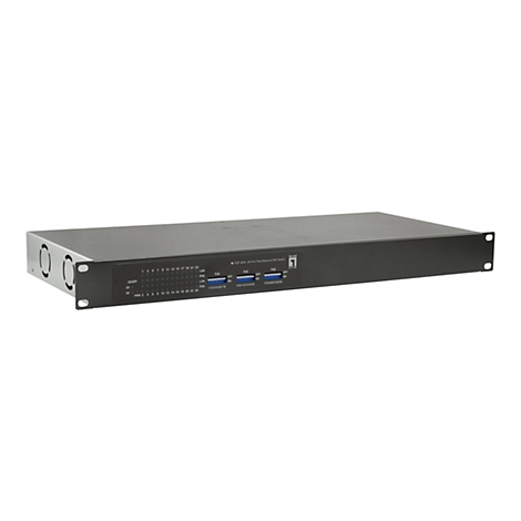 Schwarzer 26-Port Fast Ethernet PoE-Switch von LevelOne in 19-Zoll-Gehäuse vor weißem Hintergrund.