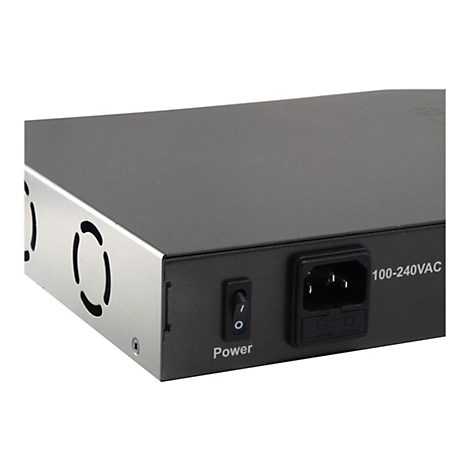 Rückseite eines schwarzen Netzwerk-Switches mit Kaltgerätestecker-Anschluss und Power-Schalter.