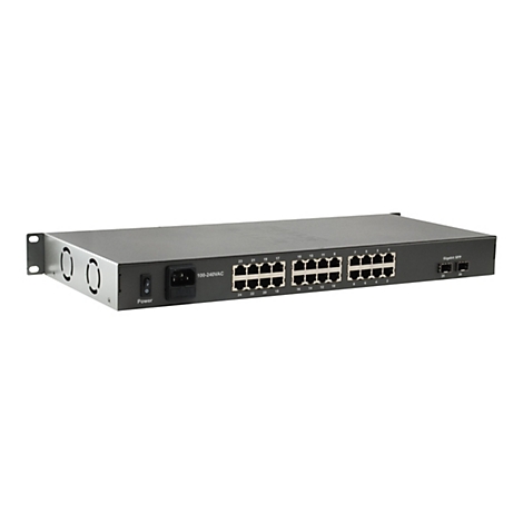 Schwarzer Netzwerk-Switch mit 24 Ethernet-Ports, zwei SFP-Anschlüssen und Netzschalter vor weißem Hintergrund.