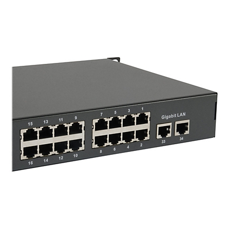 Schwarzer Netzwerk-Switch mit nummerierten RJ45-Ports und Gigabit-LAN-Beschriftung auf weißem Hintergrund.