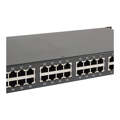 Nahaufnahme eines grauen Netzwerk-Switches mit nummerierten RJ45-Ports vor weißem Hintergrund.