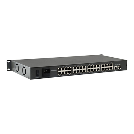 Schwarzer Netzwerk-Switch mit zahlreichen LAN-Anschlüssen und einem Power-Schalter auf weißem Hintergrund.