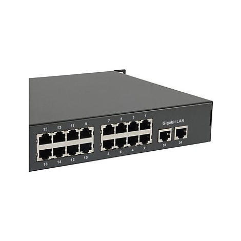 Schwarzer Netzwerk-Switch mit vielen AnschlÃ¼ssen und der Aufschrift 'Gigabit LAN'.