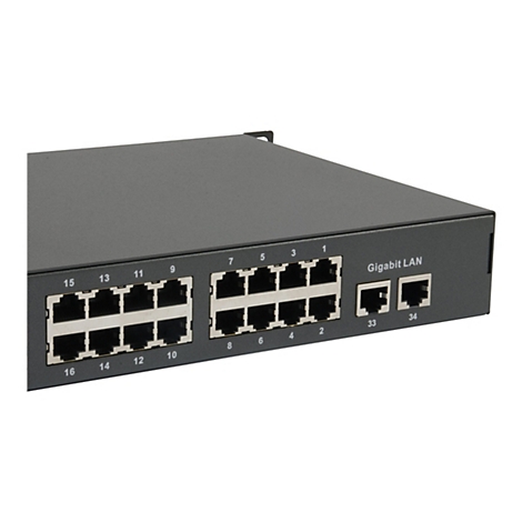 Ein schwarzer Gigabit-LAN-Switch mit mehreren Ethernet-AnschlÃ¼ssen, nummeriert 1-16 und 33-34.