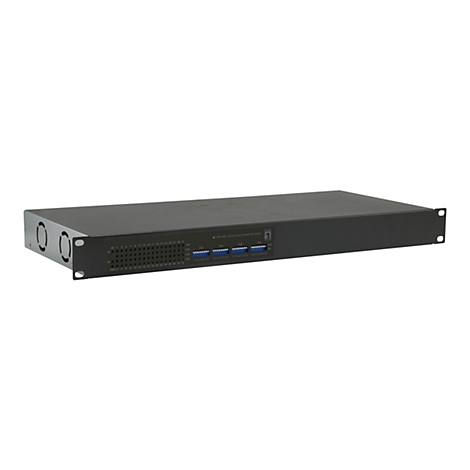 Schwarzer 34-Port Fast Ethernet PoE-Switch von LevelOne in 19-Zoll-Gehäuse vor weißem Hintergrund.