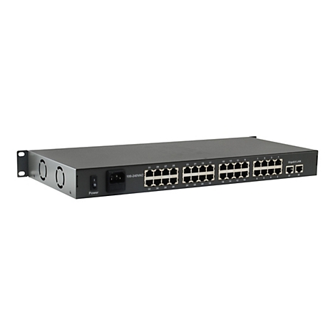 Schwarzer Netzwerk-Switch im Rack-Gehäuse mit zahlreichen LAN-Anschlüssen, Stromanschluss und Kippschalter.