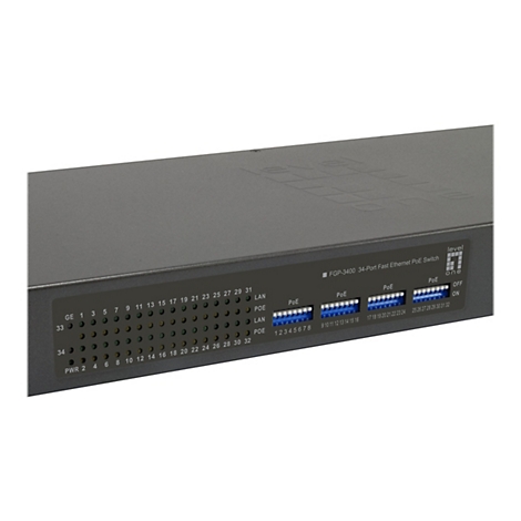 Ein schwarzer Netzwerk-Switch mit AnschlÃ¼ssen und Bezeichnungen. Blaue Ports fÃ¼r PoE, ein Ein- und Ausschalter.