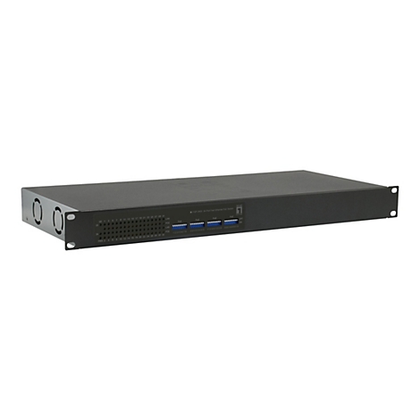 Ein schwarzes Rack-Server-GerÃ¤t, das auf weiÃŸem Hintergrund steht, mit LÃ¼ftungslÃ¶chern und USB-AnschlÃ¼ssen.