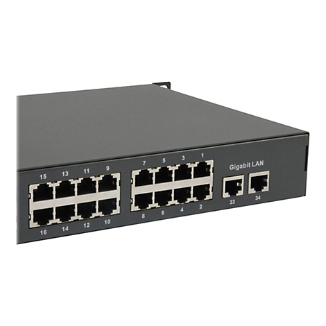 Ein schwarzer Gigabit-LAN-Switch mit mehreren Ethernet-Ports, beschriftet mit Nummern.