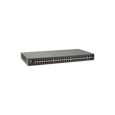 Grauer Netzwerk-Switch mit vielen Ethernet-Anschlüssen an der Vorderseite, isoliert vor weißem Hintergrund.