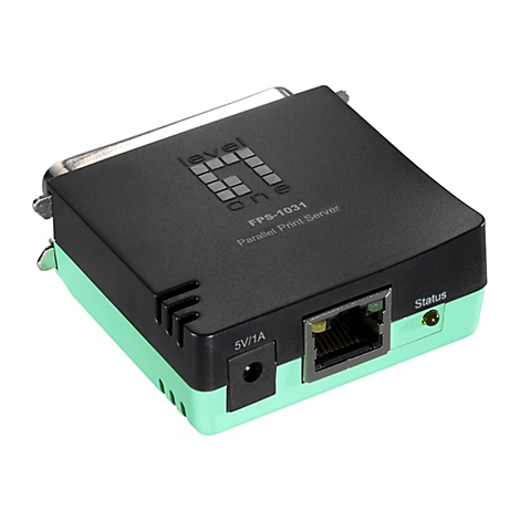 LevelOne FPS-1031 Parallel Print Server mit schwarzem Gehäuse und minzgrüner Unterseite auf weißem Grund.