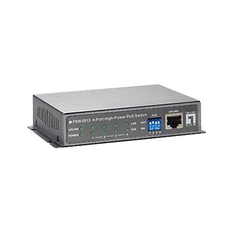 Grauer PoE-Switch mit Leuchten, AnschlÃ¼ssen und Beschriftung. Der Text lautet: FSW-0513 4-Port High-Power PoE Switch.