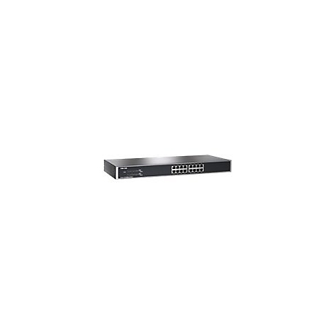 Schwarzer Netzwerk-Switch mit 16 Ports, silberner Rahmen, vor weiÃŸem Hintergrund.
