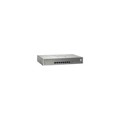 Ein grauer Netzwerk-Switch mit mehreren AnschlÃ¼ssen. Auf der Front sind LED-Leuchten zu sehen.