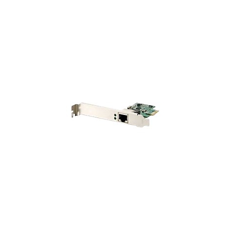Netzwerkkarte, silberfarben mit schwarzem Netzwerkanschluss, zwei kleinen grÃ¼nen LEDs und grÃ¼ner Platine.