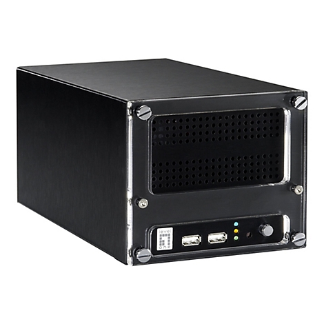 Schwarzes ComputergehÃ¤use mit LÃ¼ftungsÃ¶ffnungen und AnschlÃ¼ssen. Auf der Vorderseite USB-Ports, KnÃ¶pfe und Kontrollleuchten.
