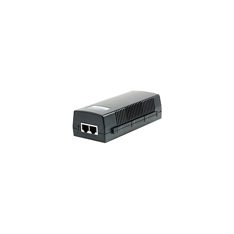 Schwarzer PoE-Injektor, zwei RJ45-AnschlÃ¼sse, rechteckige Form, geriffelte Oberseite.