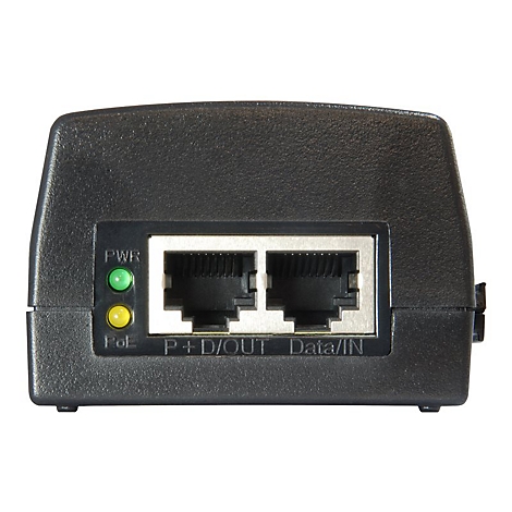 Schwarzer PoE-Adapter mit zwei Ethernet-AnschlÃ¼ssen, grÃ¼ner PWR- und gelber PoE-LED. Beschriftung: P+D/OUT, Data/IN.