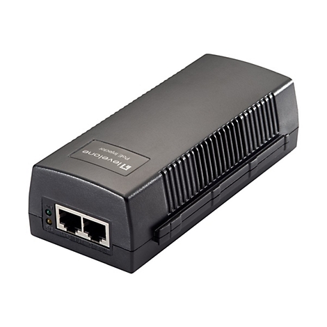 Schwarzer LevelOne PoE-Repeater mit zwei Ethernet-AnschlÃ¼ssen und LED-Anzeigen.