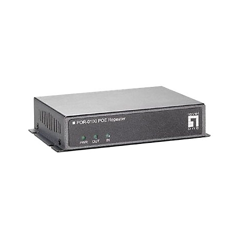 Schwarzer PoE-Repeater mit drei Kontrollleuchten. Beschriftung: PWR, OUT, IN. Oben: POR-0100 PoE Repeater. Rechts: Level One Logo.