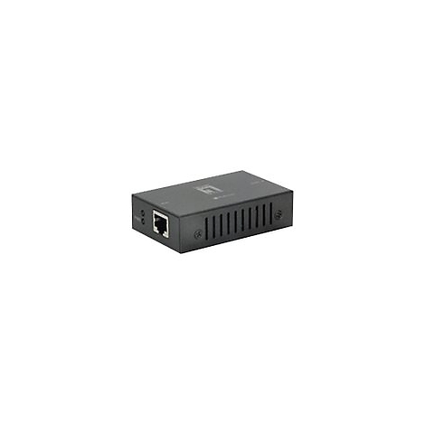 Ein grauer, rechteckiger Netzwerk-Adapter aus Metall mit einem Ethernet-Anschluss und seitlichen Lüftungsschlitzen.