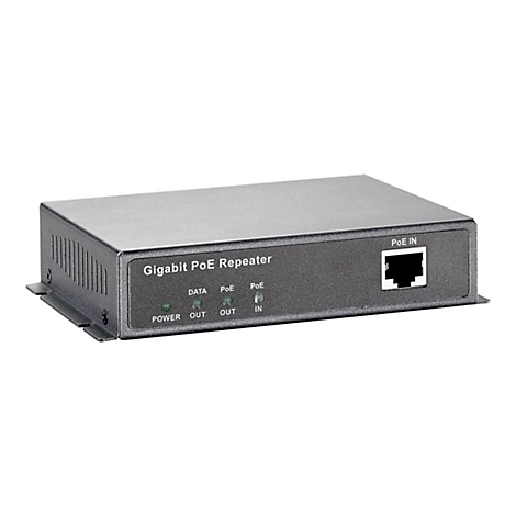 Grauer Gigabit PoE Repeater mit Status-LEDs und RJ45-Anschluss vor weißem Hintergrund.