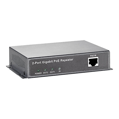 Grauer PoE-Repeater mit Text 2-Port Gigabit PoE Repeater. Oben rechts ein Ethernet-Anschluss.