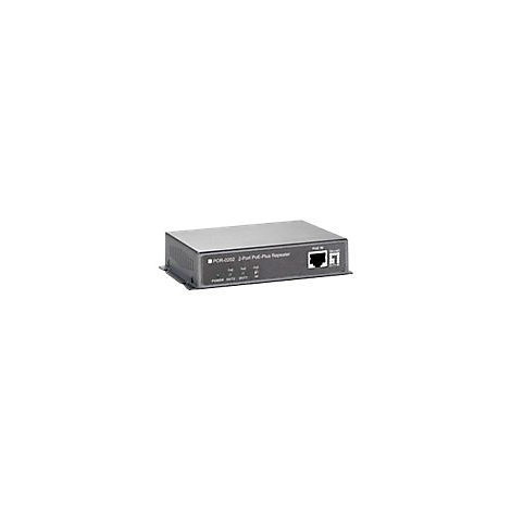 Ein grauer PoE-Repeater mit AnschlÃ¼ssen und Beschriftung.