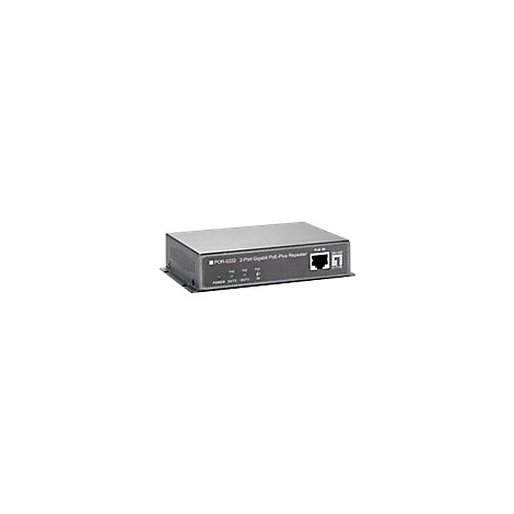 Schwarzer 2-Port Gigabit PoE-Plus Repeater in Metallgehäuse mit RJ45-Anschluss und Status-LEDs.