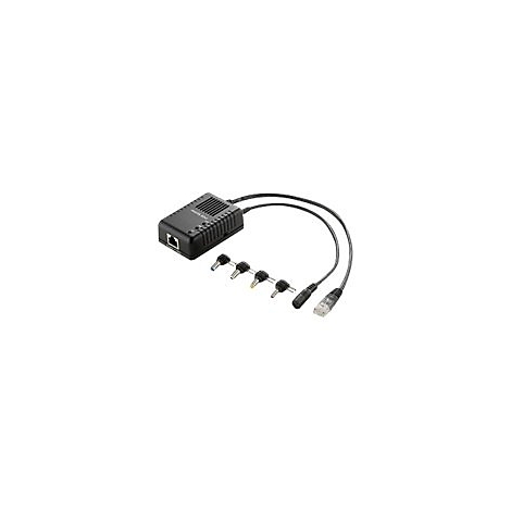Schwarzes Netzteil mit diversen AnschlÃ¼ssen und Kabeln. Im Vordergrund verschiedene Stecker.