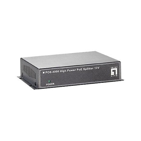 Schwarzer PoE-Splitter, graues GehÃ¤use, grÃ¼ne Power-LED. Beschriftung: POS-4000, High Power, PoE Splitter 12V.