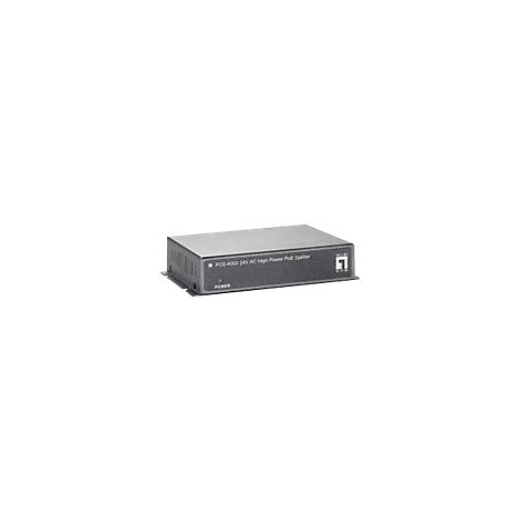Ein rechteckiger, schwarzer PoE-Splitter mit der Aufschrift POS-4862 24V AC High Power PoE Splitter. Eine grÃ¼ne LED leuchtet daneben.