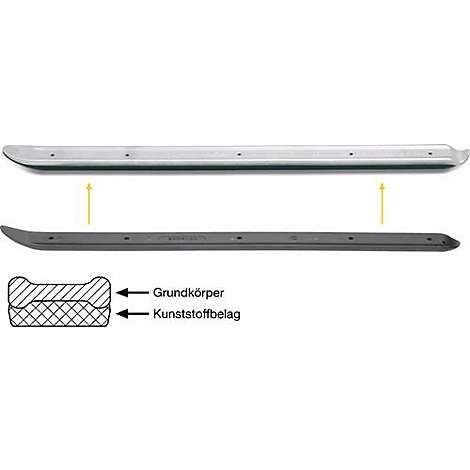Haut : rail gris clair. Bas : rail gris foncé. Flèche vers le haut. En bas à gauche : Coupe transversale du rail avec étiquetage.