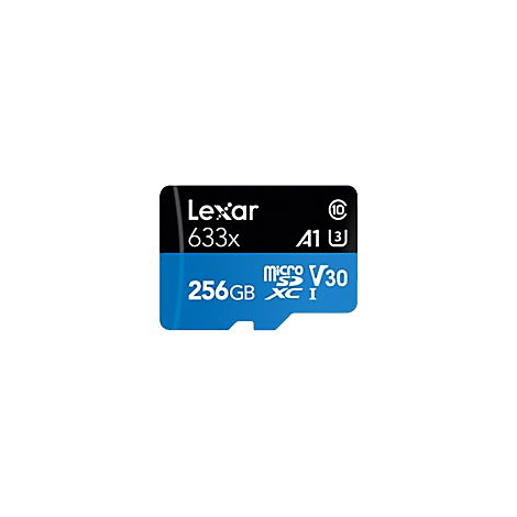 Une carte micro SD Lexar 633x noire et bleue avec les inscriptions 'Lexar', '633x', '256 Go', 'microSDXC', 'V30', 'A1' et le logo de la carte SD.