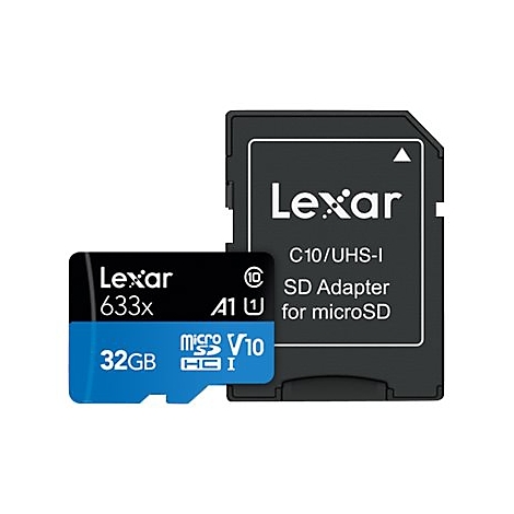Carte SD et adaptateur Lexar. Carte noire avec lettrage Lexar blanc, carte bleue avec lettrage blanc 32 Go.