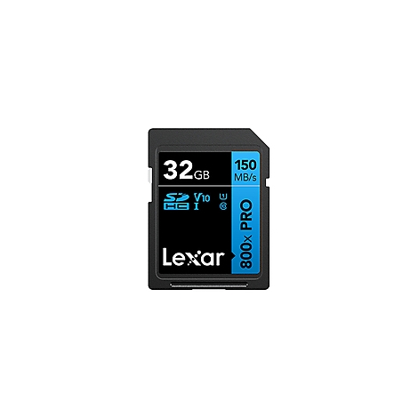 Carte SD noire avec texte blanc: 32 Go, 150 Mo/s, 800x PRO, Lexar. Inscription V10, UHS-I.