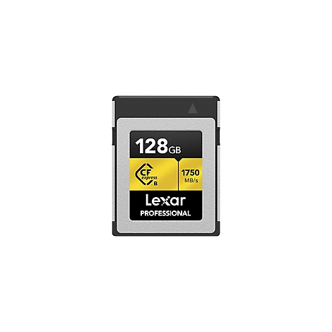 Une carte CFexpress de type B avec une capacité de 128 Go et une vitesse de 1750 Mo/s, design noir et jaune avec le logo Lexar.