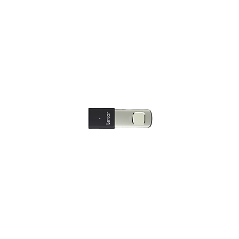 Une clé USB argentée et noire de la marque Lexar. La clé est rectangulaire et brillante.