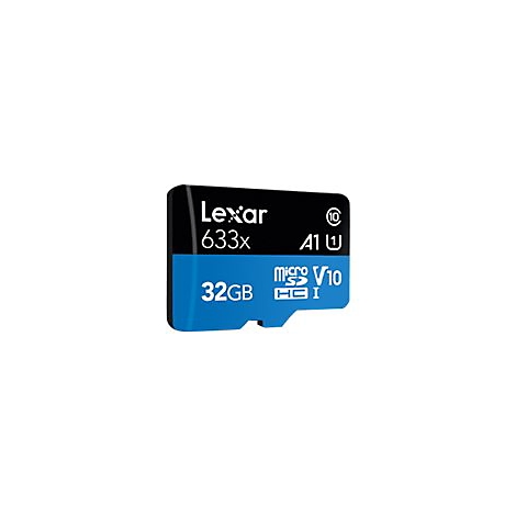 Blaue und schwarze Micro SD Karte mit dem Aufdruck 'Lexar 633x 32GB'.