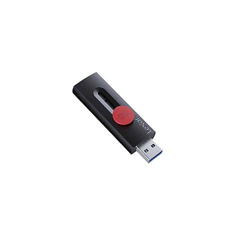 Clé USB noire avec bouton rouge et élément argenté, marque Lexar.