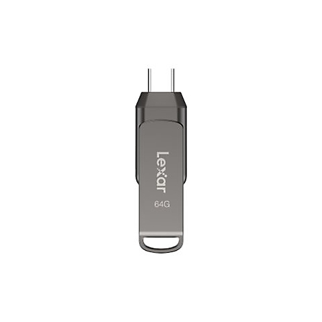 Clé USB grise avec logo Lexar et texte "64G". Elle est dotée d'un connecteur USB-C et d'une boucle.