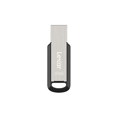 Ein silberner USB-Stick der Marke Lexar, 256G beschriftet, mit schwarzem Gehäuse, vor weißem Hintergrund.