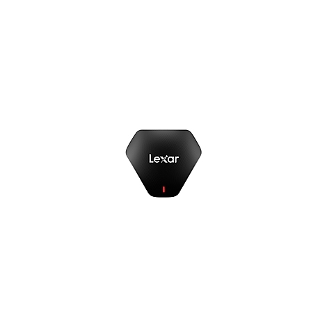 Lecteur de carte Lexar noir hexagonal avec LED rouge.