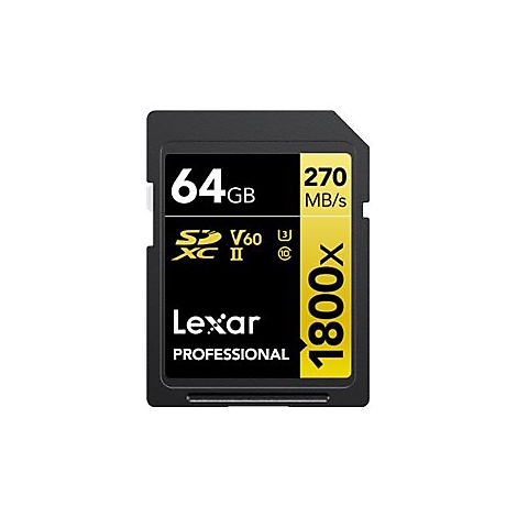 Carte SD Lexar noire avec 64 Go, 270 Mo/s, 1800x, et logos.