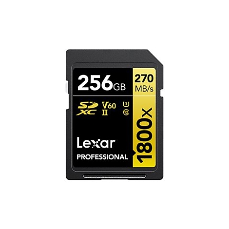 Carte SD noire avec des accents jaunes, 256 Go de stockage, 270 Mo/s, Lexar Professional. Inscription "1800x".