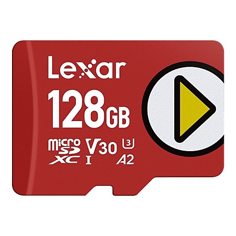 Rote Lexar Micro SD Karte, 128GB, mit Play-Symbol.