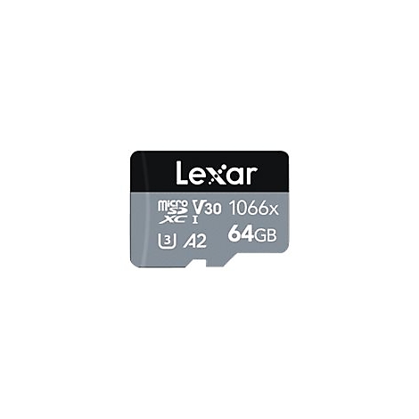 Une carte microSD Lexar grise et noire, avec du texte tel que 'Lexar', 'V30', '1066x' et '64GB'.