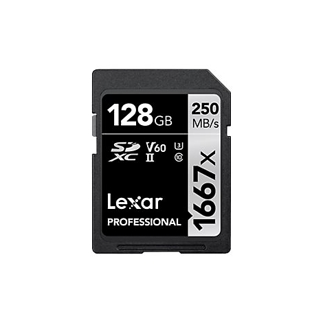 Schwarze SD-Karte mit weißem Aufdruck. Aufschrift: 128 GB, 250 MB/s, Lexar Professional, 1667x. SDXC II V60.