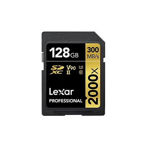 Schwarze SD-Karte mit Aufschrift '128 GB', '300 MB/s', 'Lexar Professional' und '2000x'.